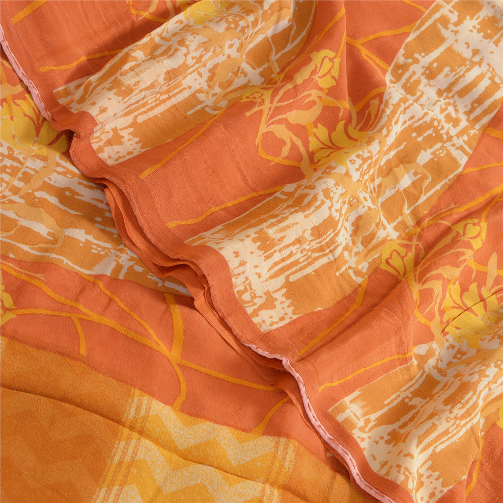 Sanskriti Vintage Sarees Indian Orange Pure Crepe Silk Printed Sari Craft Sustainable Fabric
