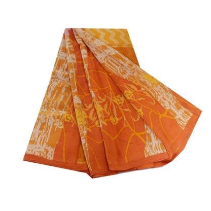 Sanskriti Vintage Sarees Indian Orange Pure Crepe Silk Printed Sari Craft Sustainable Fabric