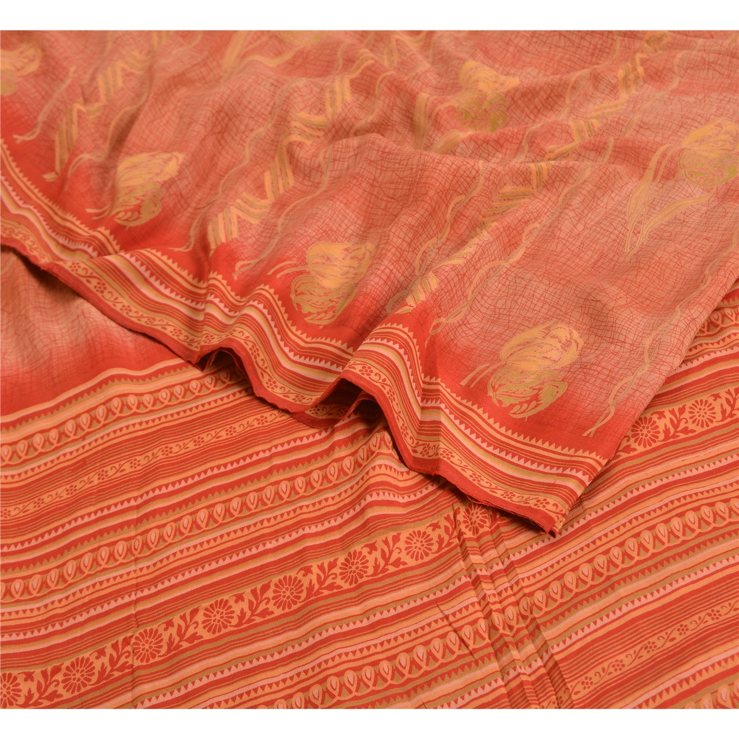 Сари в винтажном стиле на санскрите персикового/красного цвета из чистого крепированного шелка с принтом 5 ярдов из экологически чистой ткани для рукоделия