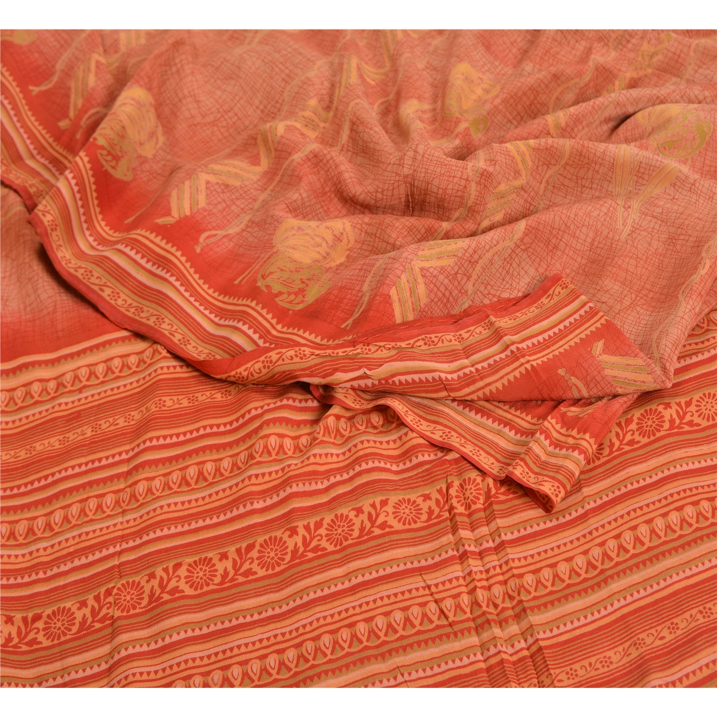 Сари в винтажном стиле на санскрите персикового/красного цвета из чистого крепированного шелка с принтом 5 ярдов из экологически чистой ткани для рукоделия