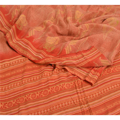 Сари в винтажном стиле на санскрите персикового/красного цвета из чистого крепированного шелка с принтом 5 ярдов из экологически чистой ткани для рукоделия