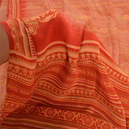 Сари в винтажном стиле на санскрите персикового/красного цвета из чистого крепированного шелка с принтом 5 ярдов из экологически чистой ткани для рукоделия