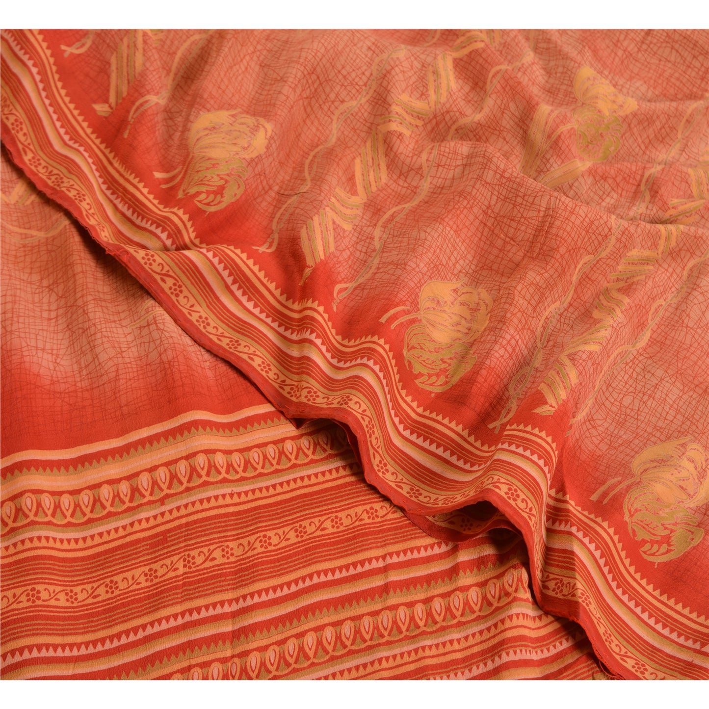 Сари в винтажном стиле на санскрите персикового/красного цвета из чистого крепированного шелка с принтом 5 ярдов из экологически чистой ткани для рукоделия