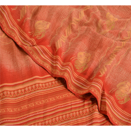 Сари в винтажном стиле на санскрите персикового/красного цвета из чистого крепированного шелка с принтом 5 ярдов из экологически чистой ткани для рукоделия