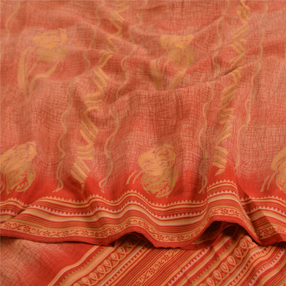 Сари в винтажном стиле на санскрите персикового/красного цвета из чистого крепированного шелка с принтом 5 ярдов из экологически чистой ткани для рукоделия