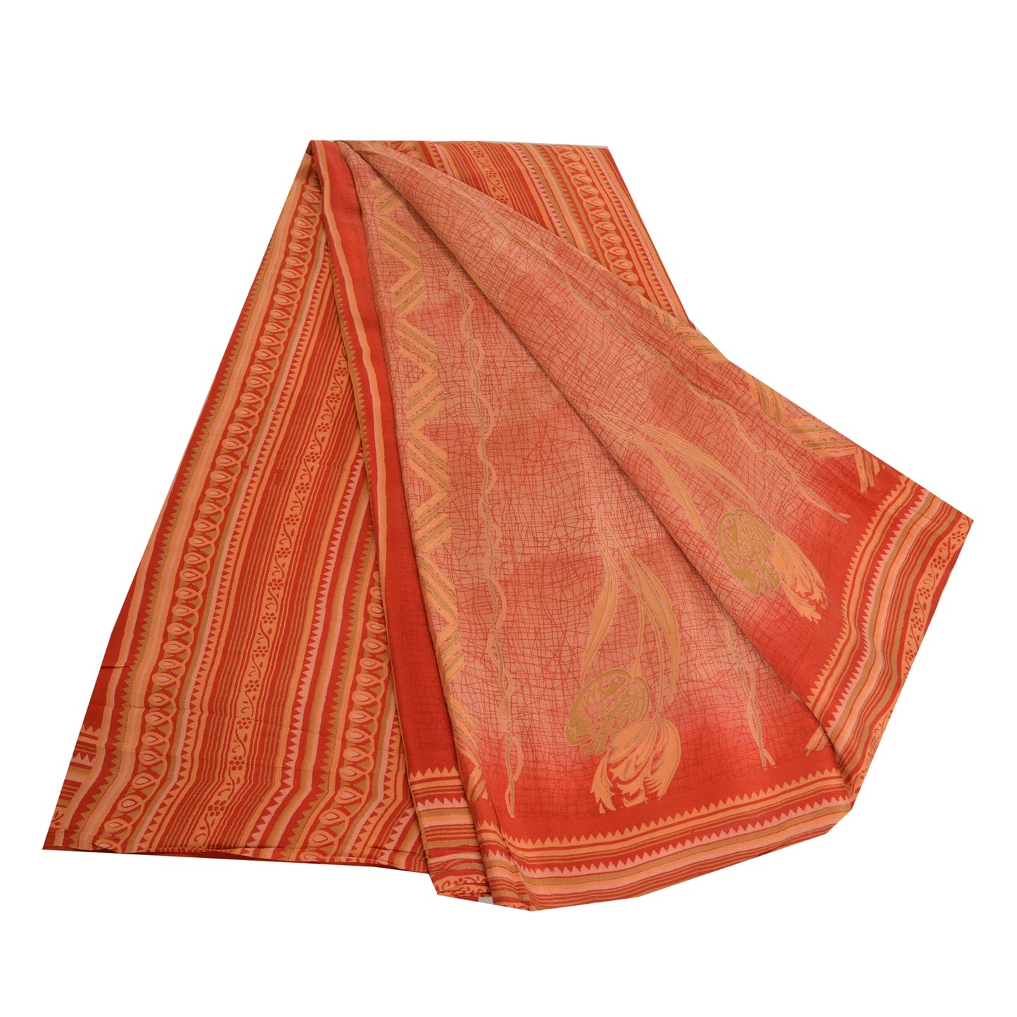 Сари в винтажном стиле на санскрите персикового/красного цвета из чистого крепированного шелка с принтом 5 ярдов из экологически чистой ткани для рукоделия