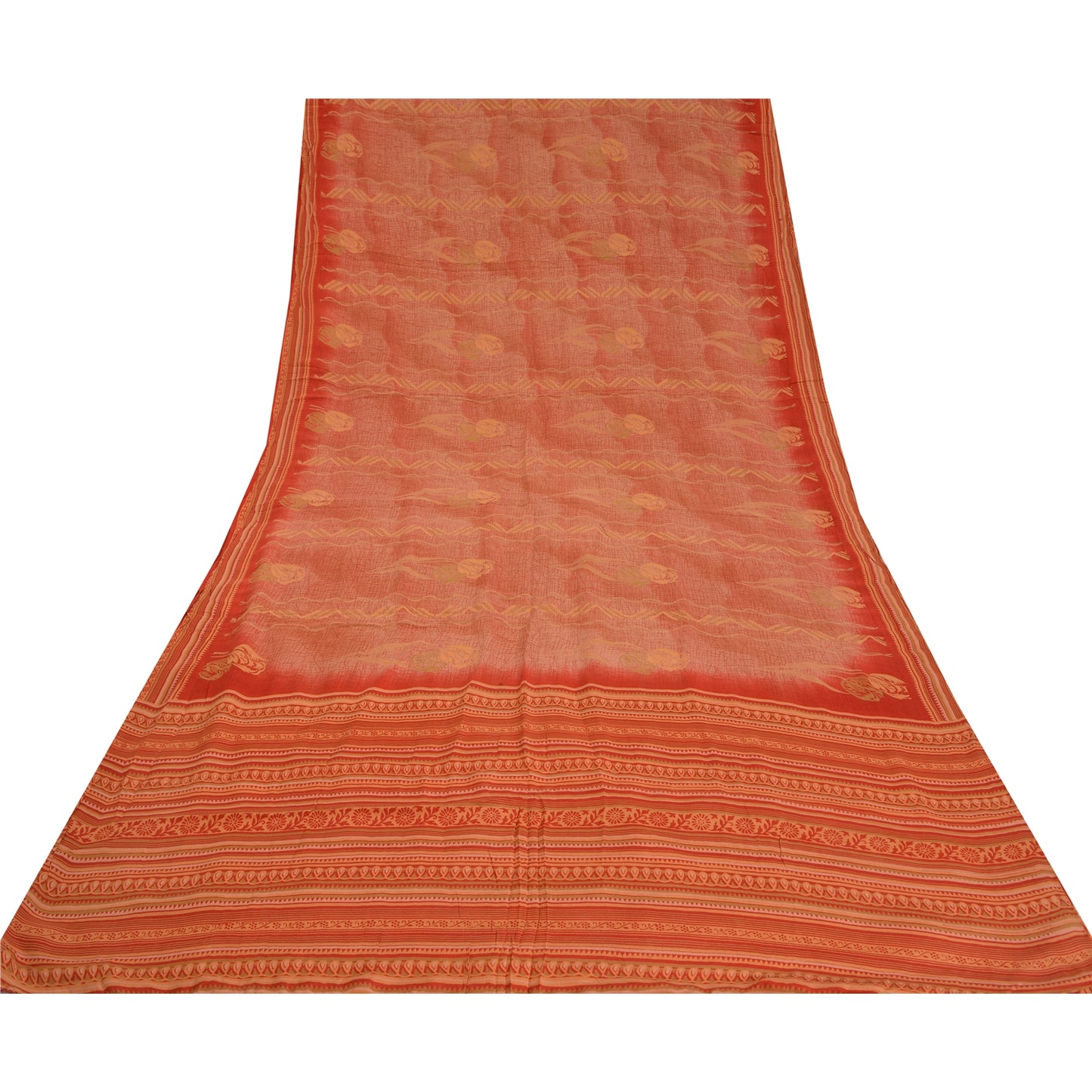 Сари в винтажном стиле на санскрите персикового/красного цвета из чистого крепированного шелка с принтом 5 ярдов из экологически чистой ткани для рукоделия