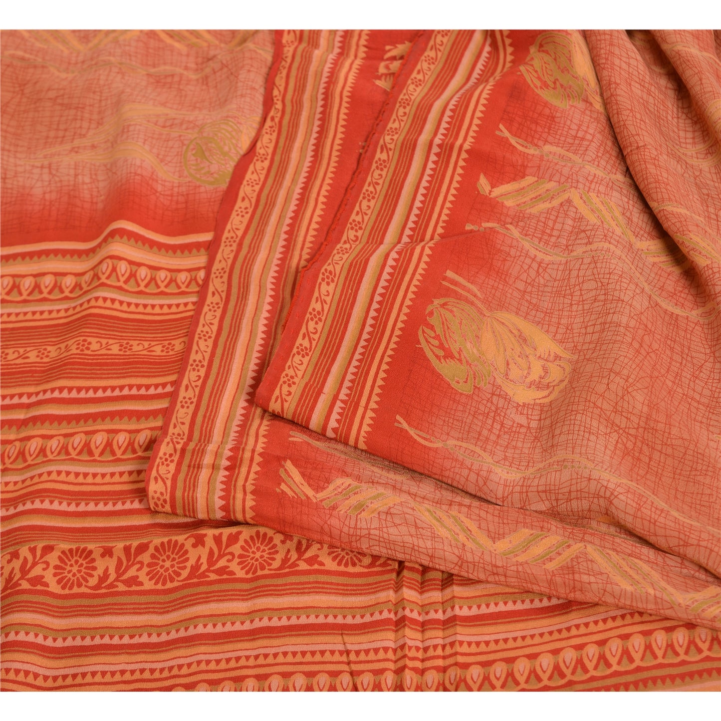 Сари в винтажном стиле на санскрите персикового/красного цвета из чистого крепированного шелка с принтом 5 ярдов из экологически чистой ткани для рукоделия