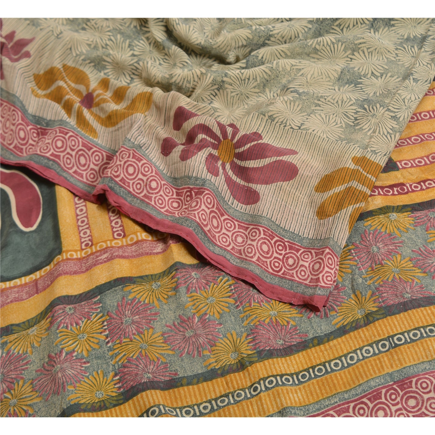 Sanskriti Vintage Sarees Indian Green Printed Pure Crepe Silk Sari Craft Sustainable Fabric