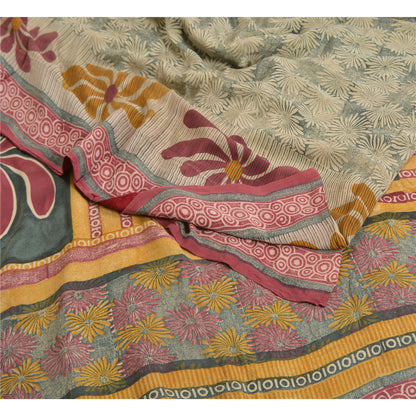 Sanskriti Vintage Sarees Indian Green Printed Pure Crepe Silk Sari Craft Sustainable Fabric