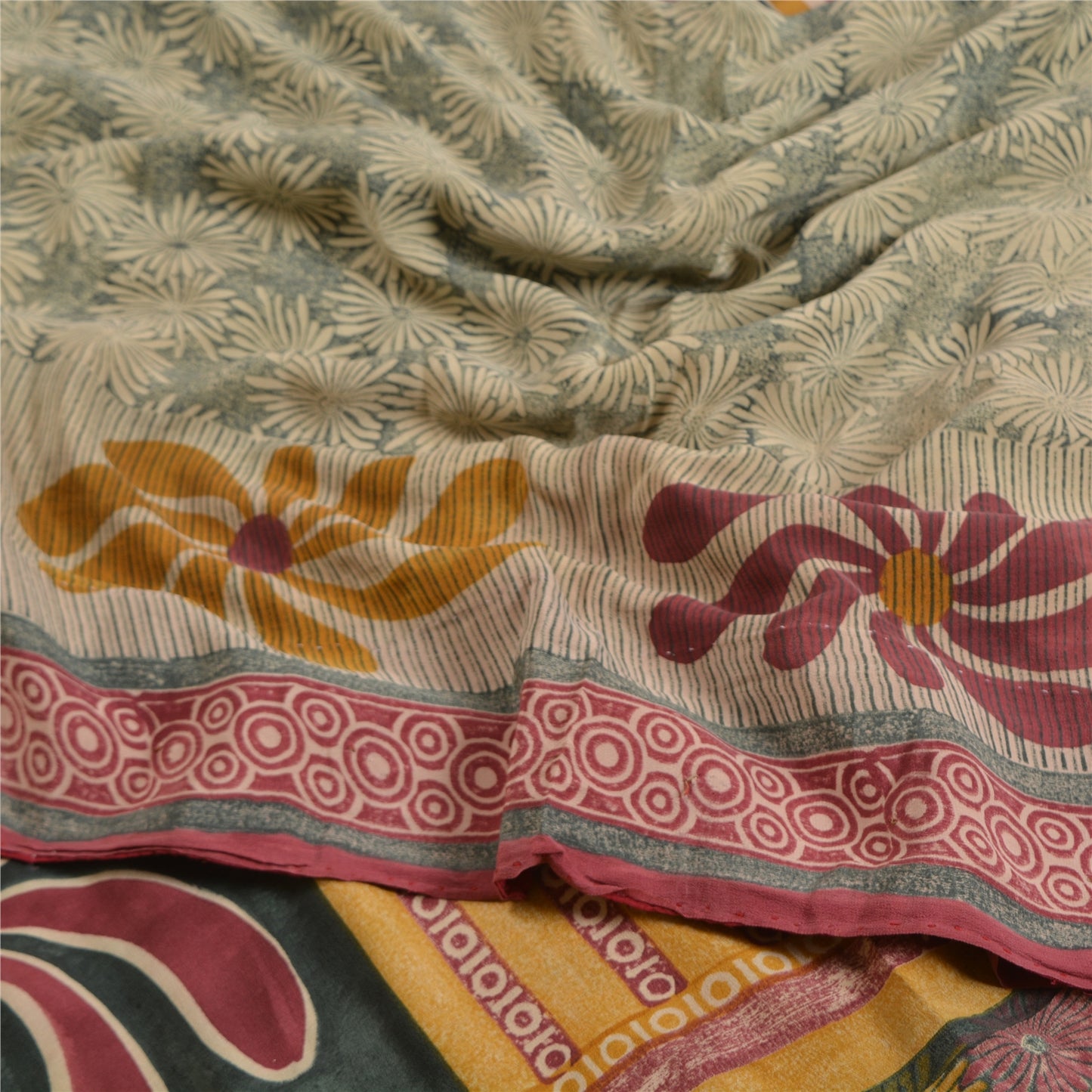 Sanskriti Vintage Sarees Indian Green Printed Pure Crepe Silk Sari Craft Sustainable Fabric