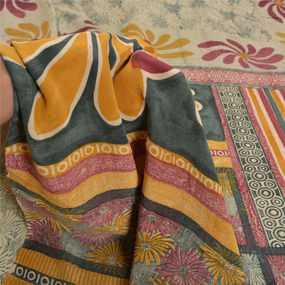 Sanskriti Vintage Sarees Indian Green Printed Pure Crepe Silk Sari Craft Sustainable Fabric