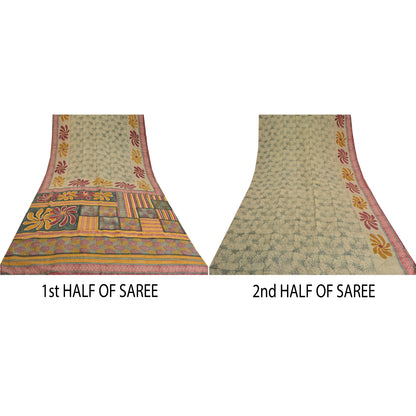 Sanskriti Vintage Sarees Indian Green Printed Pure Crepe Silk Sari Craft Sustainable Fabric