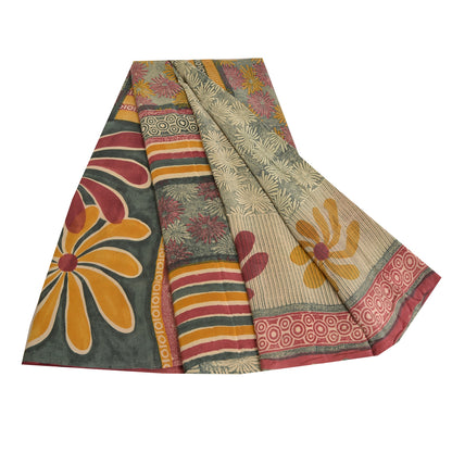 Sanskriti Vintage Sarees Indian Green Printed Pure Crepe Silk Sari Craft Sustainable Fabric