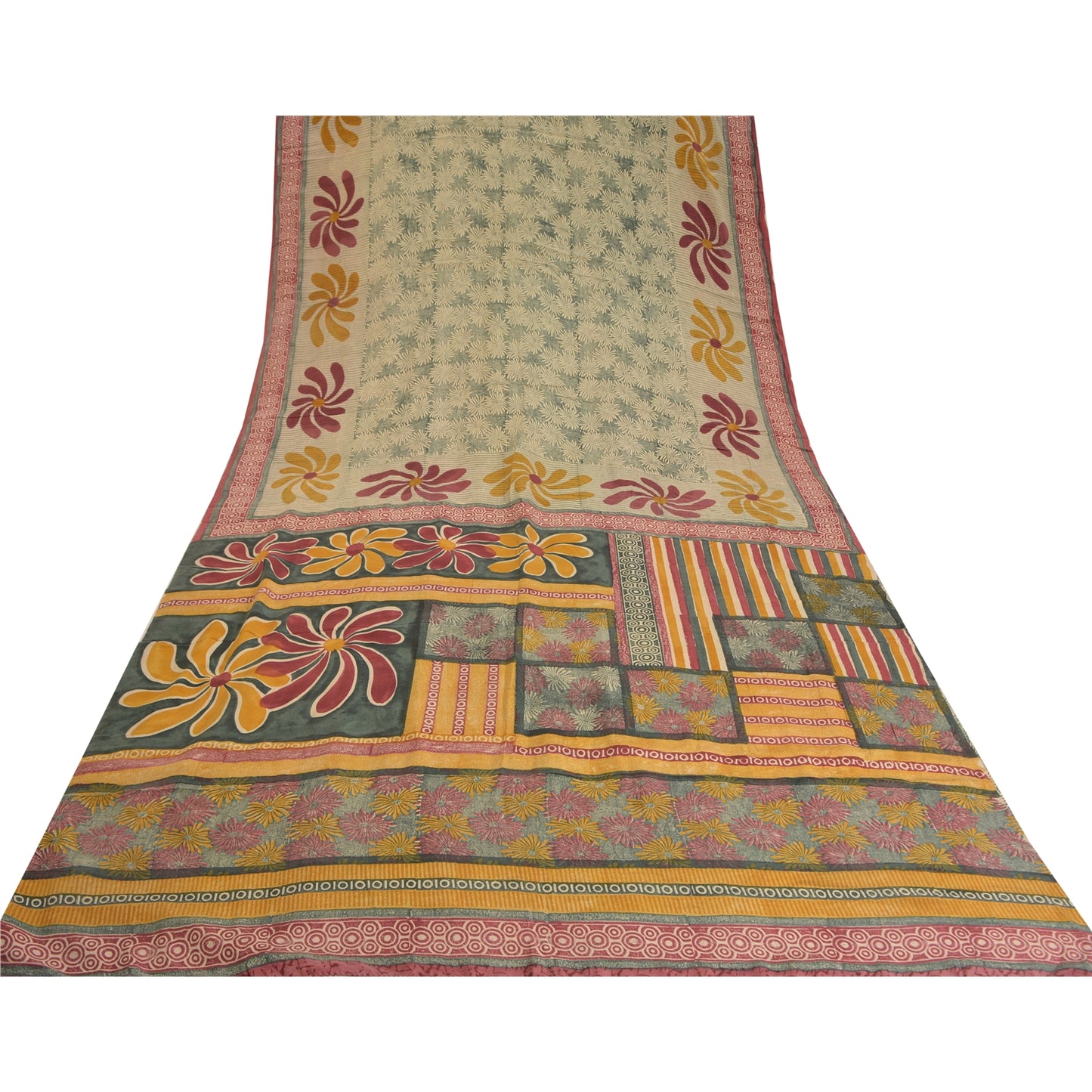 Sanskriti Vintage Sarees Indian Green Printed Pure Crepe Silk Sari Craft Sustainable Fabric