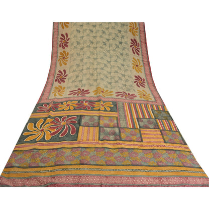 Sanskriti Vintage Sarees Indian Green Printed Pure Crepe Silk Sari Craft Sustainable Fabric