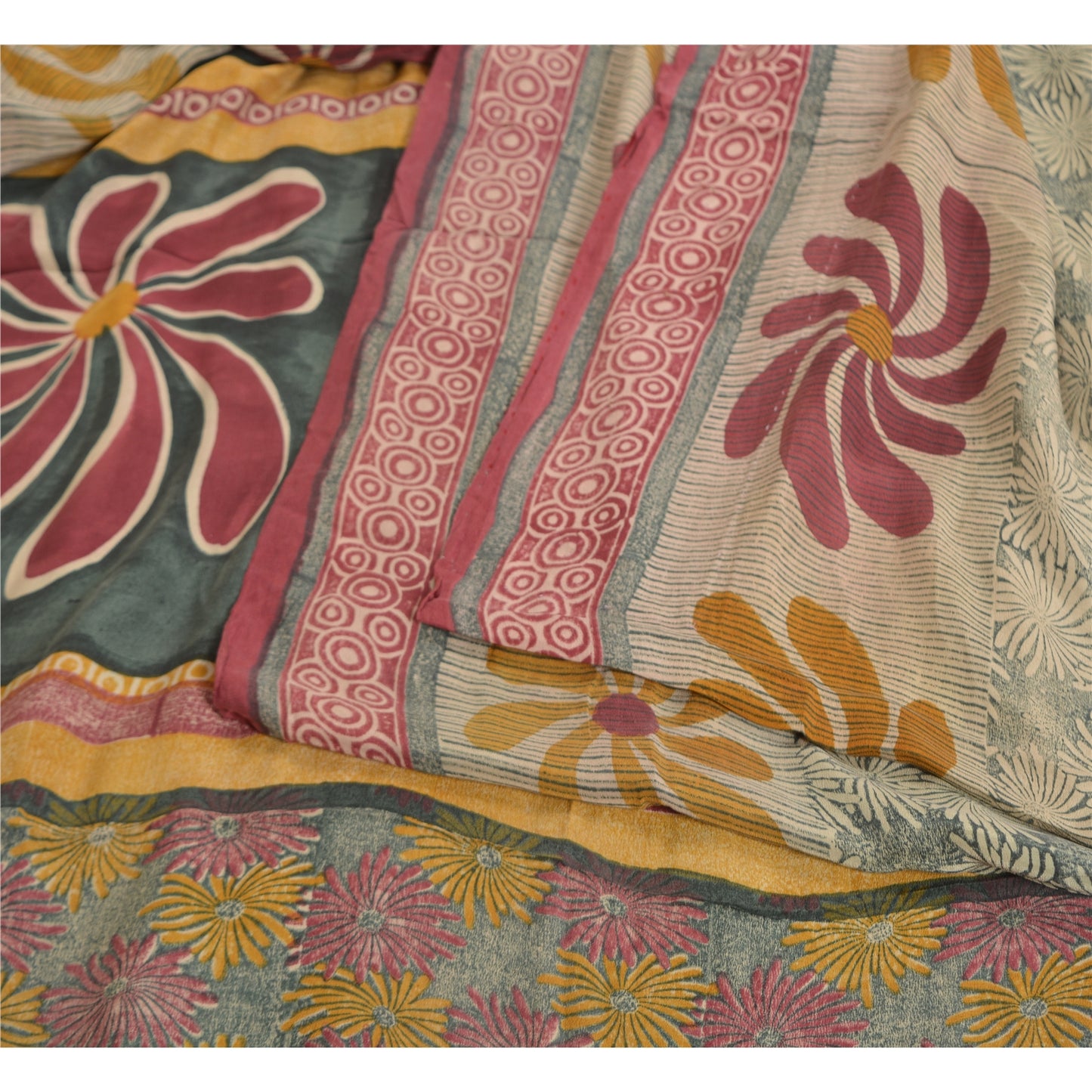 Sanskriti Vintage Sarees Indian Green Printed Pure Crepe Silk Sari Craft Sustainable Fabric