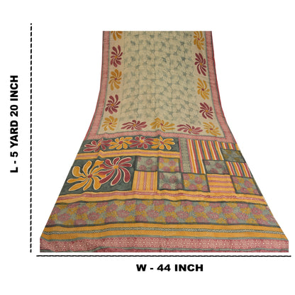 Sanskriti Vintage Sarees Indian Green Printed Pure Crepe Silk Sari Craft Sustainable Fabric