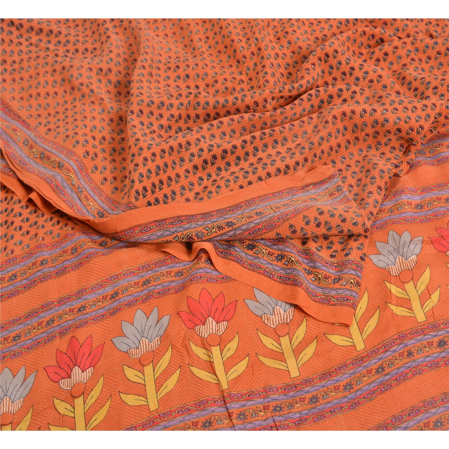 Sanskriti Vintage Sarees Orange 100% Pure Crepe Silk Printed Sari Craft Sustainable Fabric