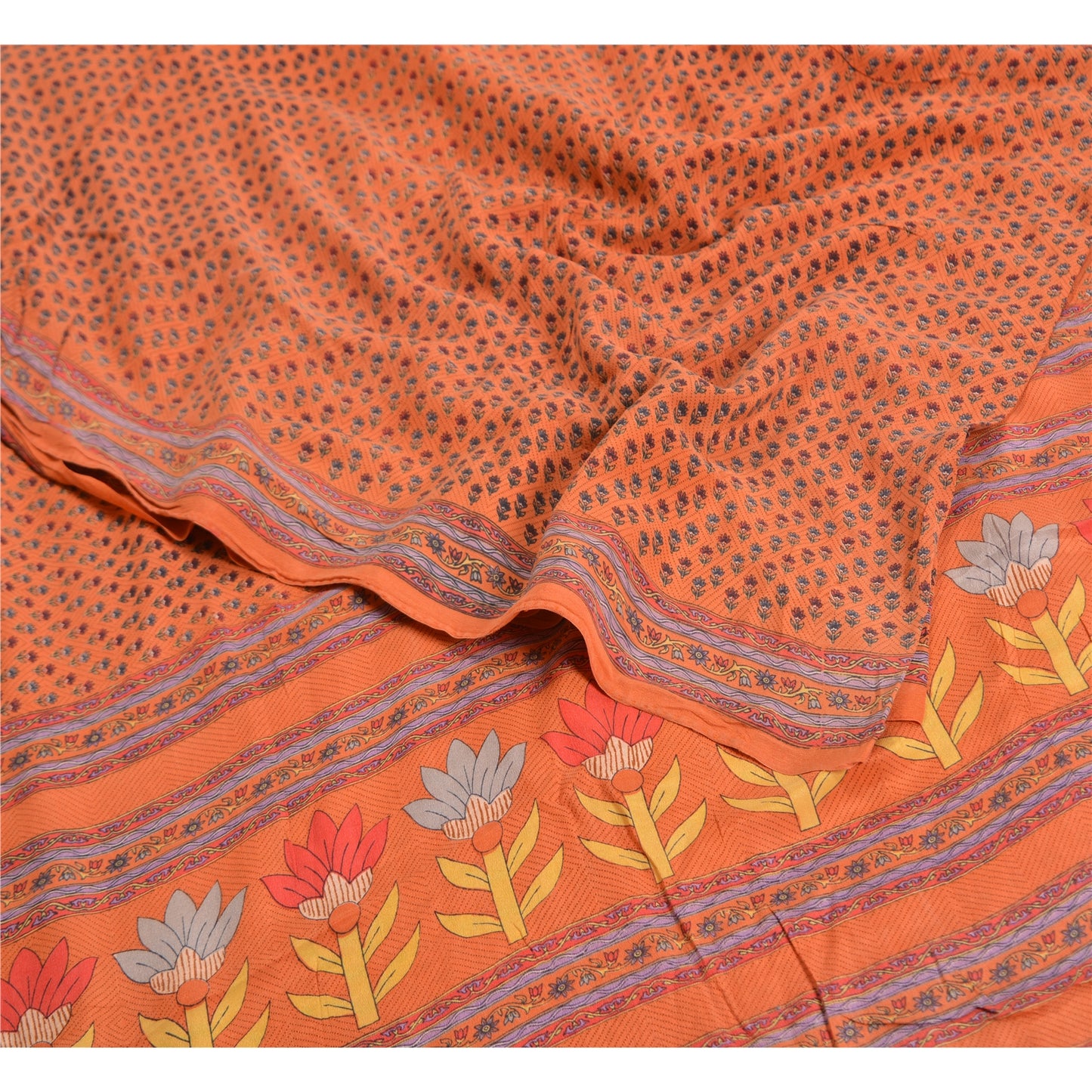 Sanskriti Vintage Sarees Orange 100% Pure Crepe Silk Printed Sari Craft Sustainable Fabric