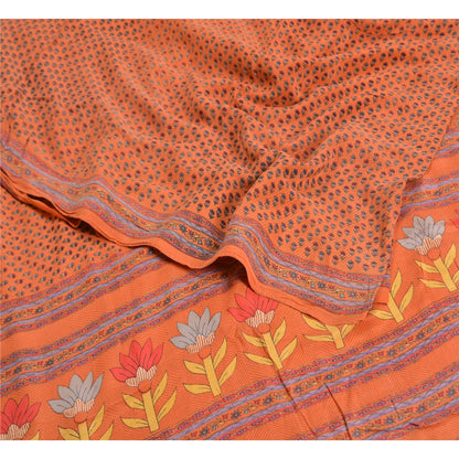 Sanskriti Vintage Sarees Orange 100% Pure Crepe Silk Printed Sari Craft Sustainable Fabric