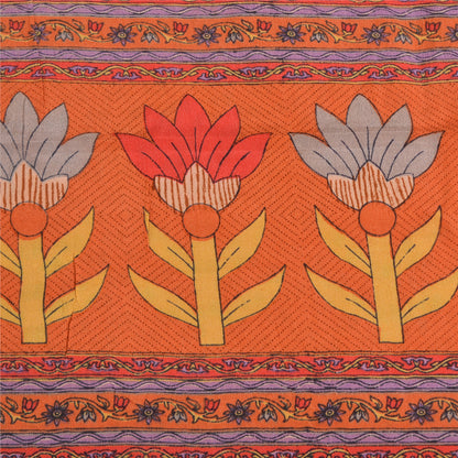 Sanskriti Vintage Sarees Orange 100% Pure Crepe Silk Printed Sari Craft Sustainable Fabric