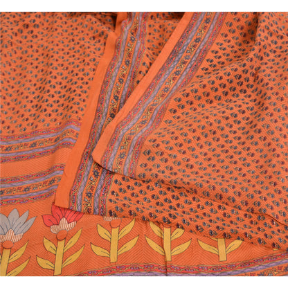 Sanskriti Vintage Sarees Orange 100% Pure Crepe Silk Printed Sari Craft Sustainable Fabric