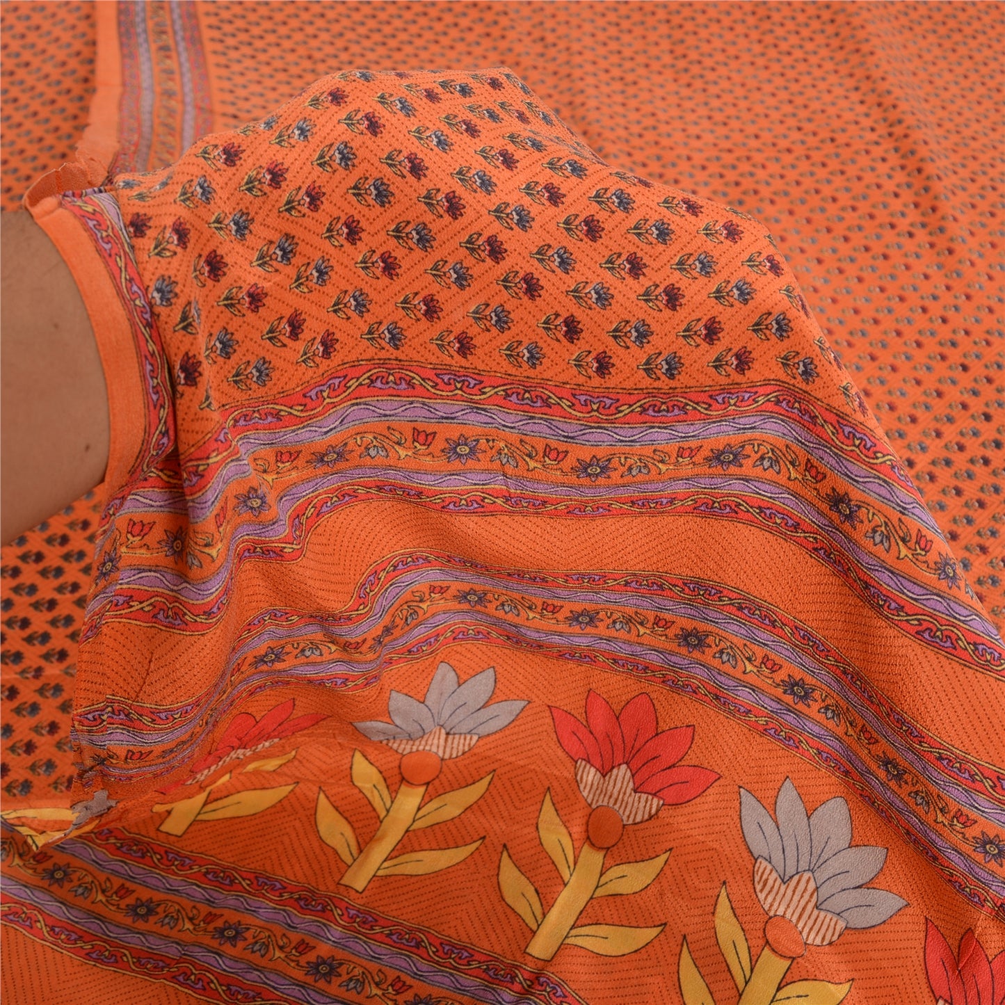 Sanskriti Vintage Sarees Orange 100% Pure Crepe Silk Printed Sari Craft Sustainable Fabric