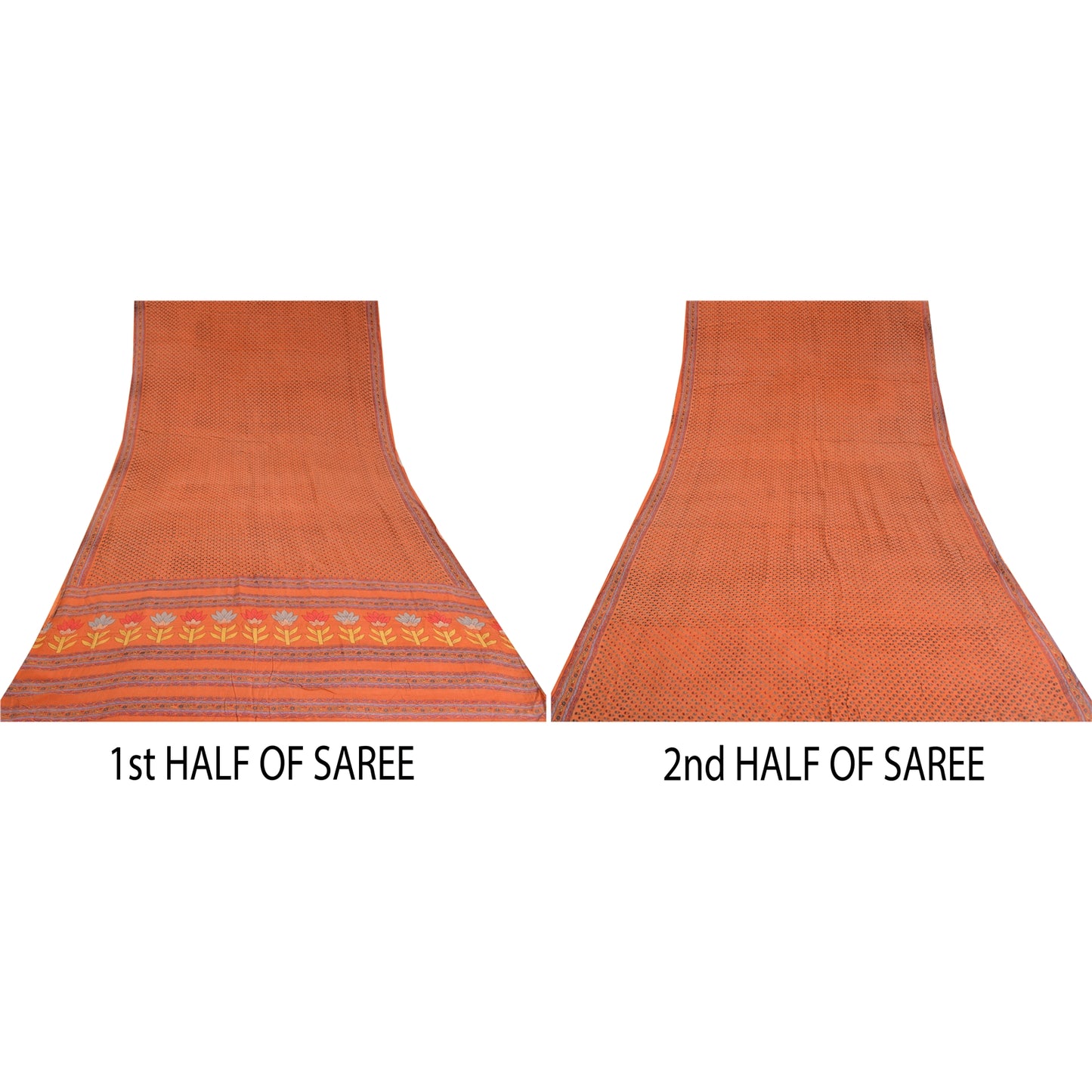 Sanskriti Vintage Sarees Orange 100% Pure Crepe Silk Printed Sari Craft Sustainable Fabric