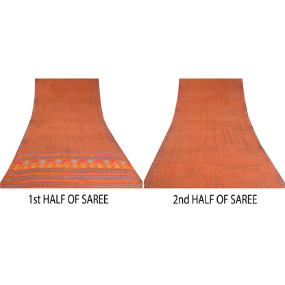 Sanskriti Vintage Sarees Orange 100% Pure Crepe Silk Printed Sari Craft Sustainable Fabric