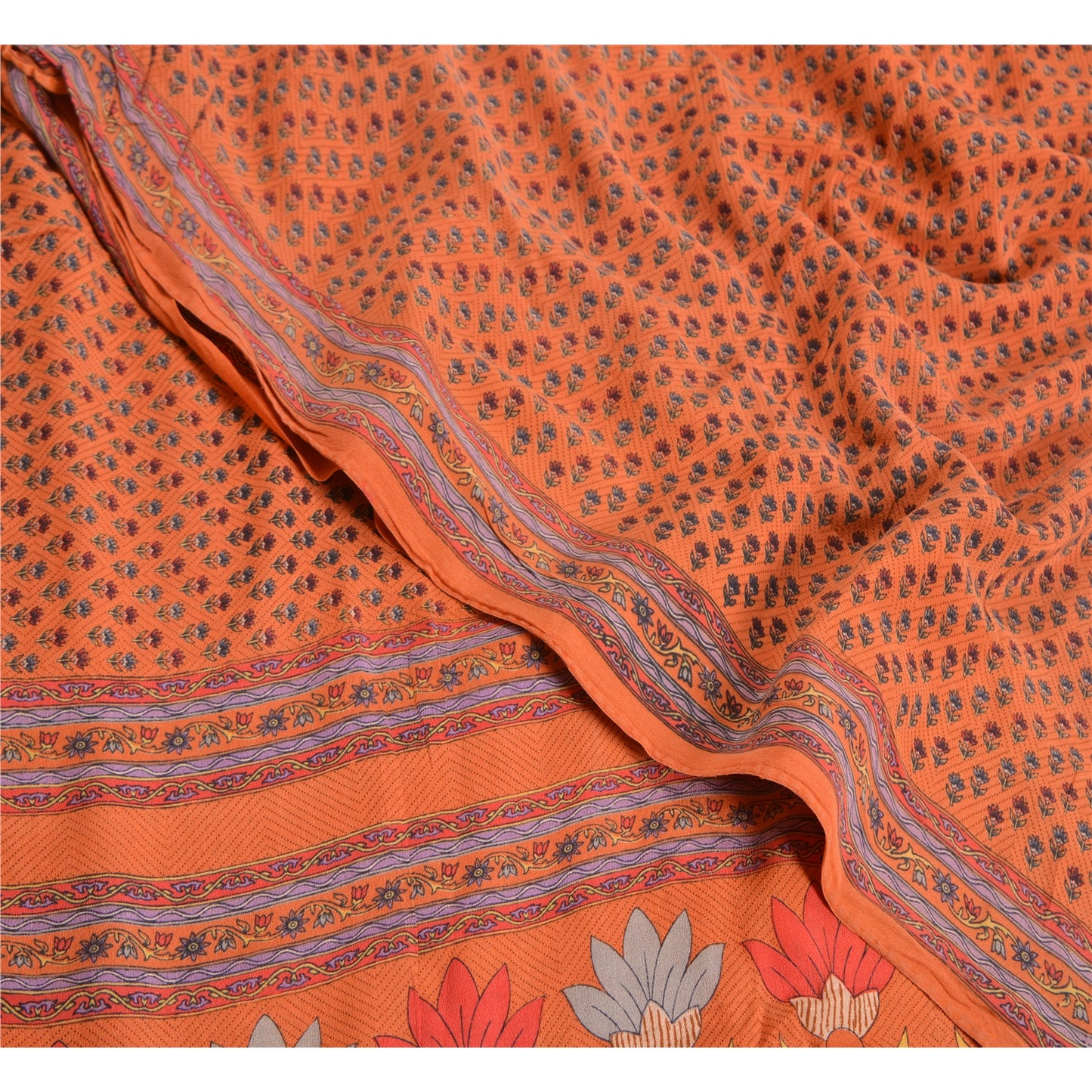 Sanskriti Vintage Sarees Orange 100% Pure Crepe Silk Printed Sari Craft Sustainable Fabric