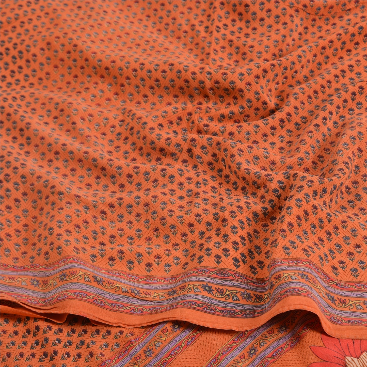 Sanskriti Vintage Sarees Orange 100% Pure Crepe Silk Printed Sari Craft Sustainable Fabric