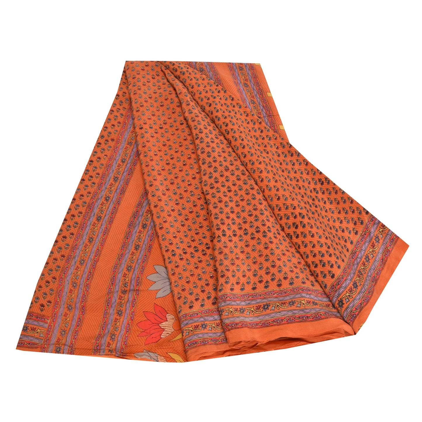 Sanskriti Vintage Sarees Orange 100% Pure Crepe Silk Printed Sari Craft Sustainable Fabric