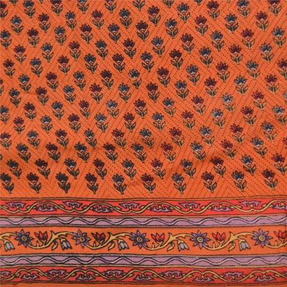 Sanskriti Vintage Sarees Orange 100% Pure Crepe Silk Printed Sari Craft Sustainable Fabric