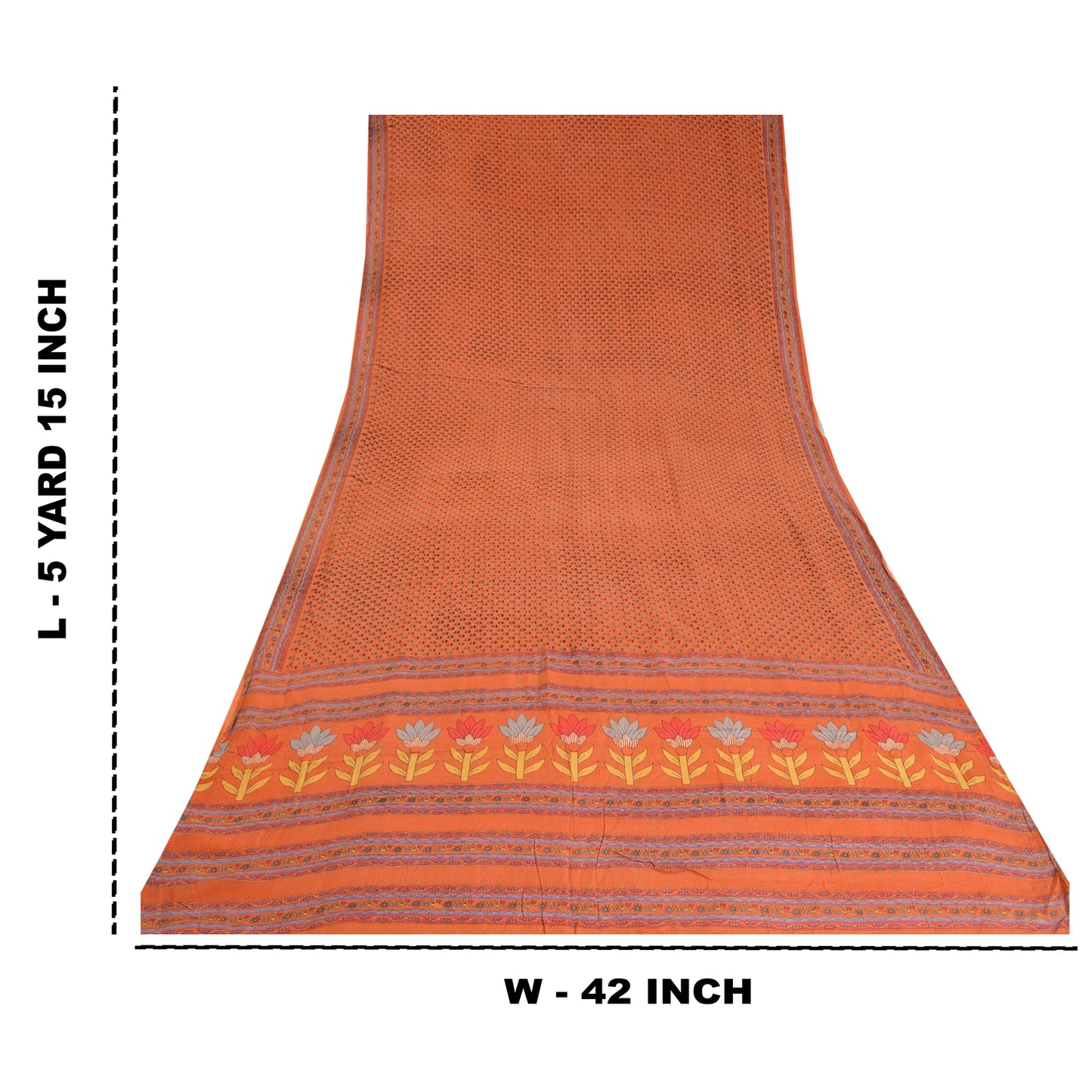 Sanskriti Vintage Sarees Orange 100% Pure Crepe Silk Printed Sari Craft Sustainable Fabric