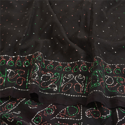 Sanskriti Vintage Sarees Black Hand Beaded Pure Crepe Silk Sari 5yd Craft Sustainable Fabric