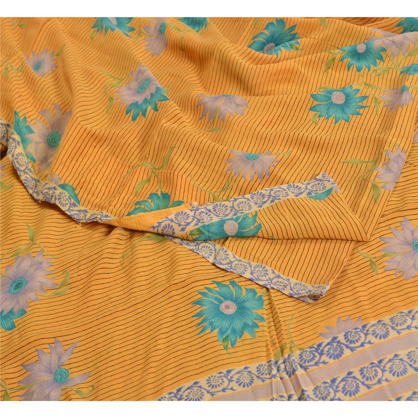 Sanskriti Vintage Sarees Indian Yellow Pure Crepe Silk Printed Sari Craft Sustainable Fabric