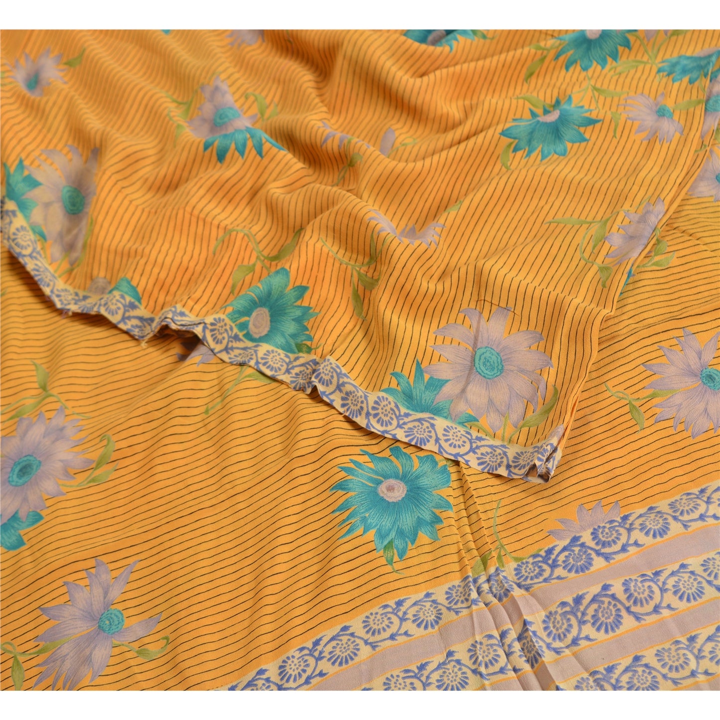 Sanskriti Vintage Sarees Indian Yellow Pure Crepe Silk Printed Sari Craft Sustainable Fabric