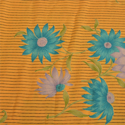 Sanskriti Vintage Sarees Indian Yellow Pure Crepe Silk Printed Sari Craft Sustainable Fabric