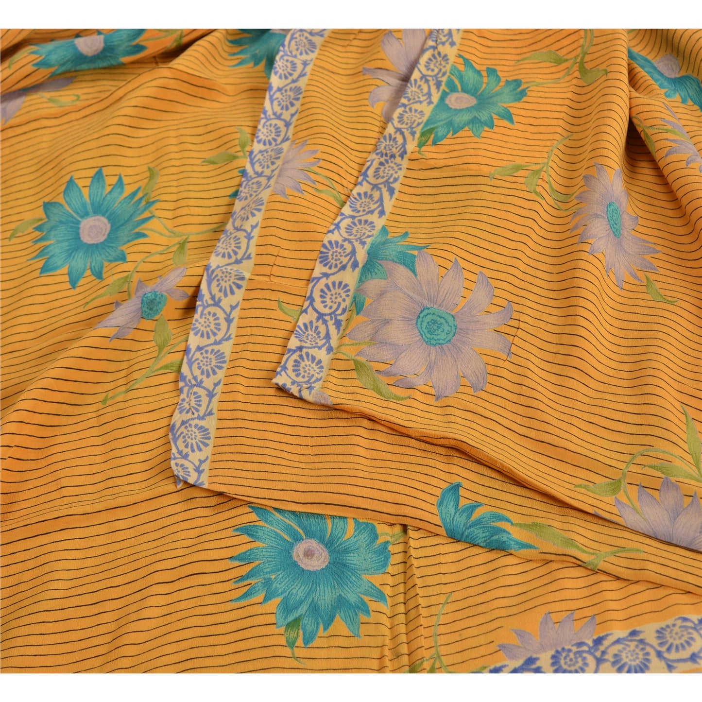 Sanskriti Vintage Sarees Indian Yellow Pure Crepe Silk Printed Sari Craft Sustainable Fabric