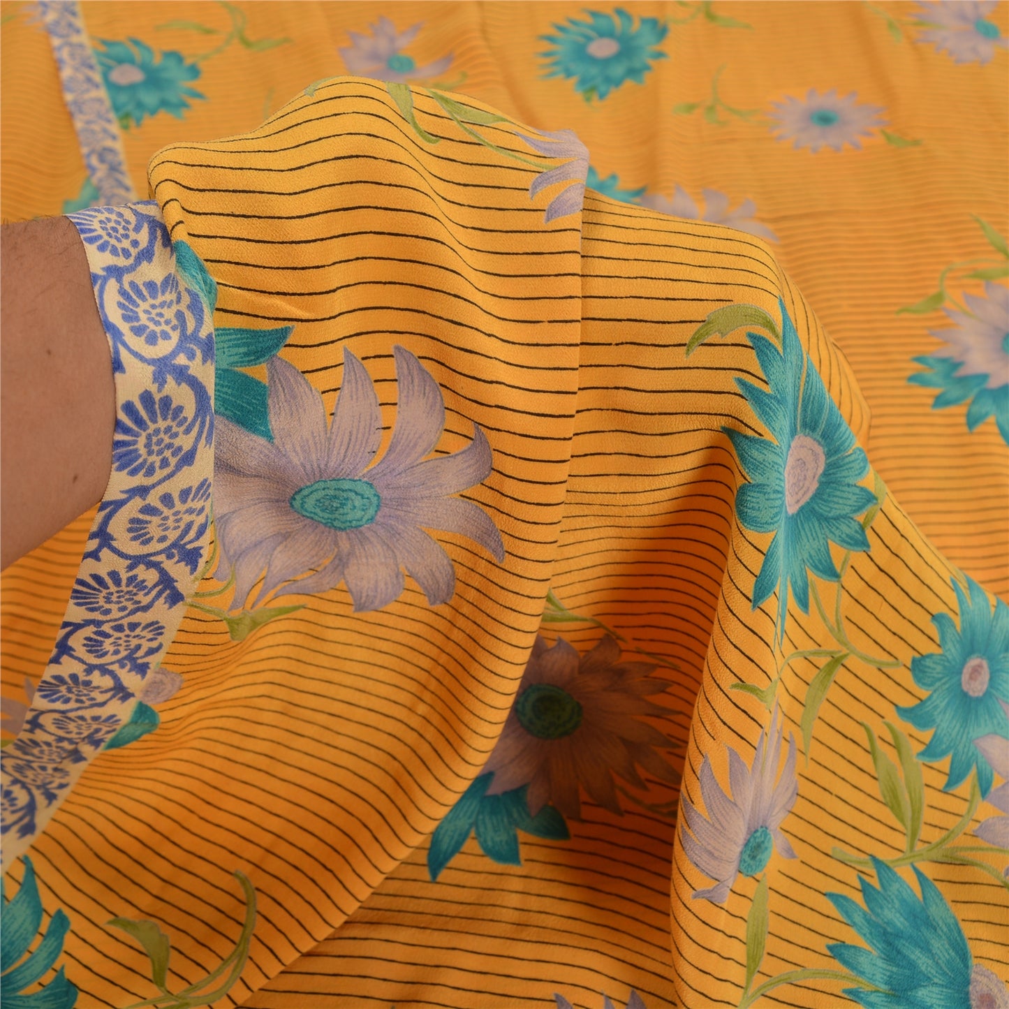 Sanskriti Vintage Sarees Indian Yellow Pure Crepe Silk Printed Sari Craft Sustainable Fabric