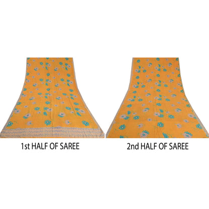 Sanskriti Vintage Sarees Indian Yellow Pure Crepe Silk Printed Sari Craft Sustainable Fabric