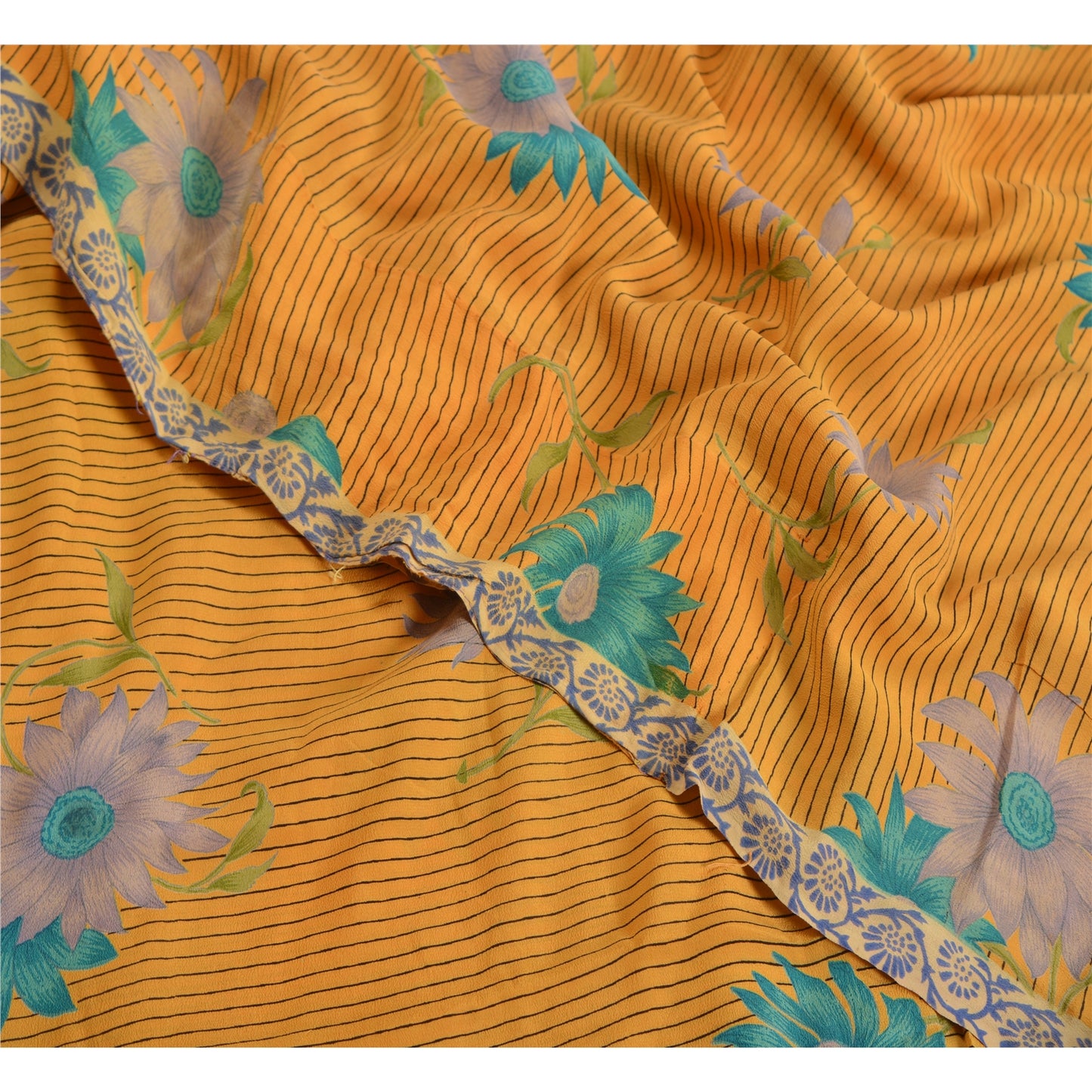 Sanskriti Vintage Sarees Indian Yellow Pure Crepe Silk Printed Sari Craft Sustainable Fabric