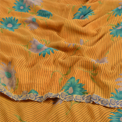 Sanskriti Vintage Sarees Indian Yellow Pure Crepe Silk Printed Sari Craft Sustainable Fabric