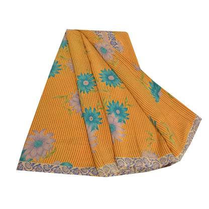 Sanskriti Vintage Sarees Indian Yellow Pure Crepe Silk Printed Sari Craft Sustainable Fabric