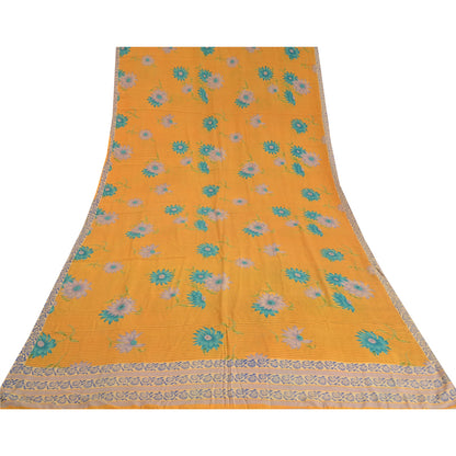 Sanskriti Vintage Sarees Indian Yellow Pure Crepe Silk Printed Sari Craft Sustainable Fabric