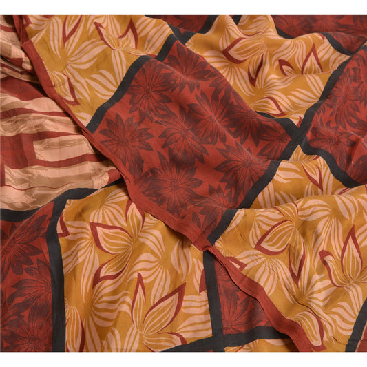 Sanskriti Vintage Sarees Dark-Red Pure Crepe Silk Printed Sari Soft Craft Sustainable Fabric