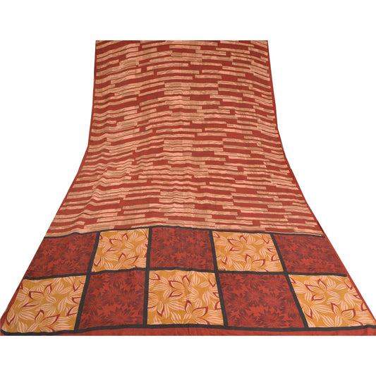 Sanskriti Vintage Sarees Dark-Red Pure Crepe Silk Printed Sari Soft Craft Sustainable Fabric