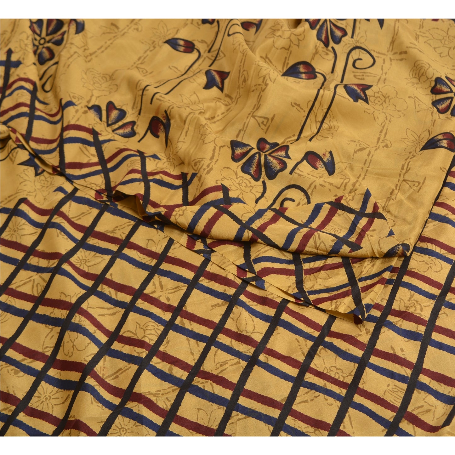 Sanskriti Vintage Sarees Heena-Green Pure Crepe Silk Printed Sari Craft Sustainable Fabric