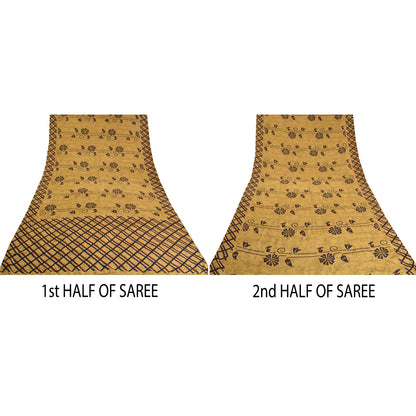 Sanskriti Vintage Sarees Heena-Green Pure Crepe Silk Printed Sari Craft Sustainable Fabric